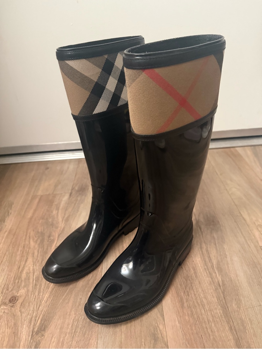 Burberry Black Patent Rain Boots with Beige Nova Check and Red Stripe